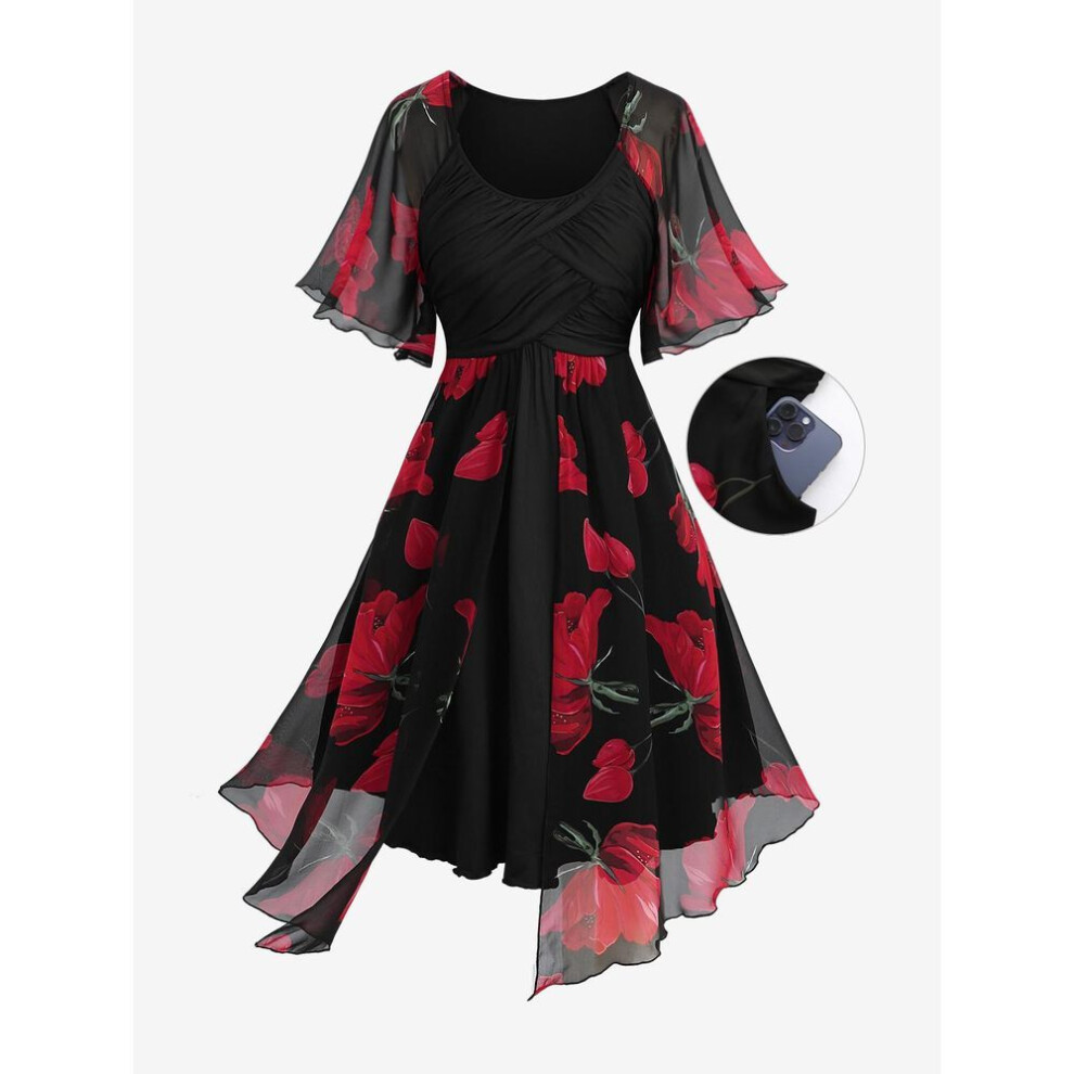 (black, XL) Rosegal Plus Size Flowers Print Chiffon Ruched Panel Ruffles Split Hem Layered Dress