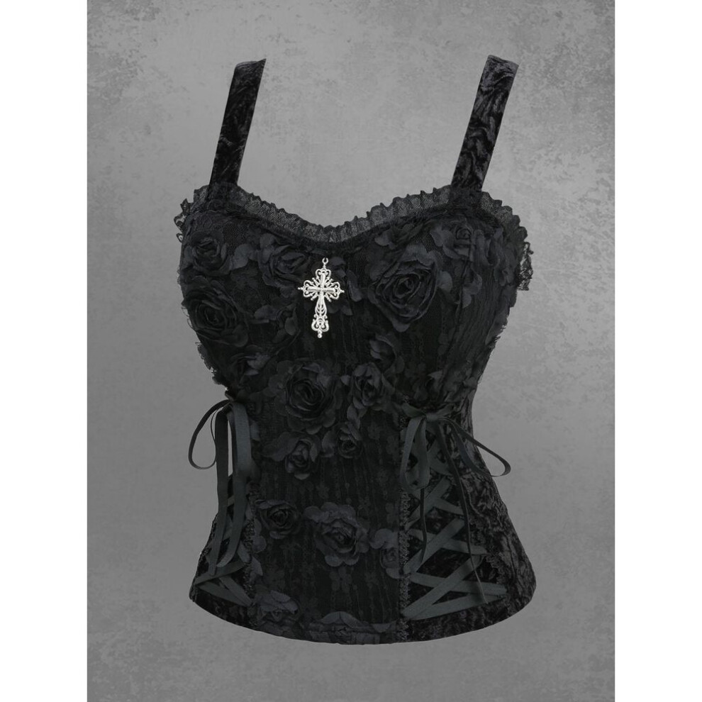 (3XL, black) Rosegal Gothic Stereo Rose Flower Lace Jacquard Cross Lace-up Velvet Patchwork Tank Top