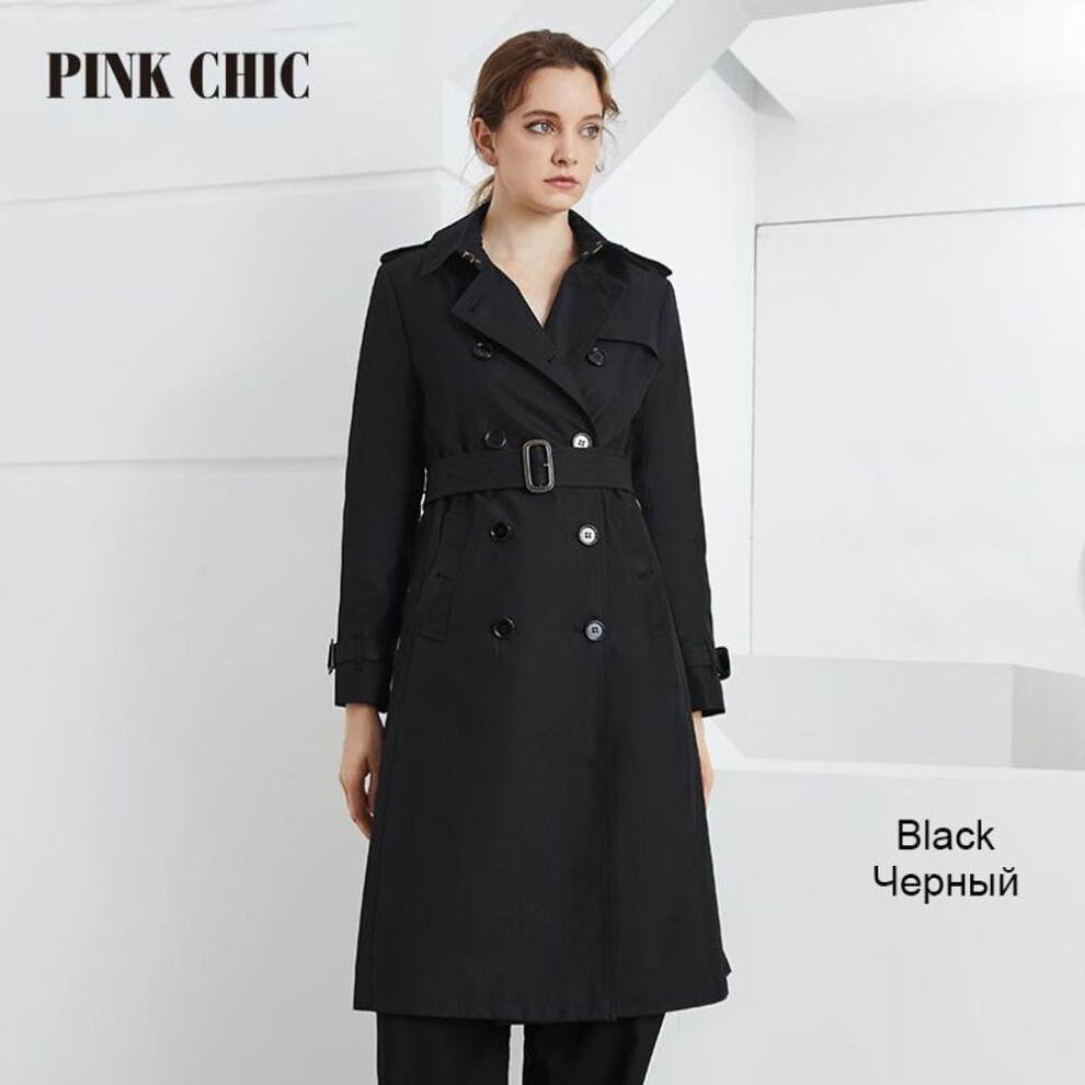 (black, L) Pink Chic New British Spring Autumn Windbreaker Women Lapel Collar Double Breasted Waist Belt Commuting Coat Grace Trench 667-1