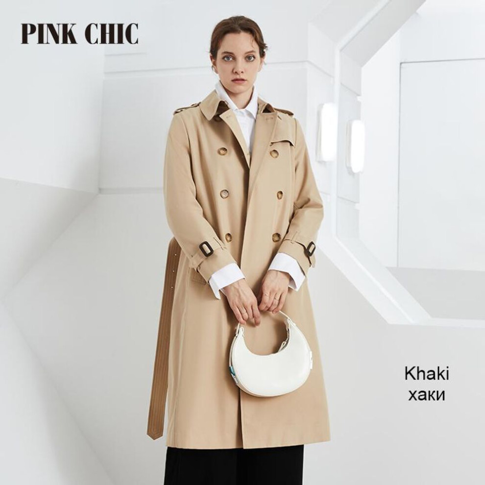 (khaki, L) Pink Chic New British Spring Autumn Windbreaker Women Lapel Collar Double Breasted Waist Belt Commuting Coat Grace Trench 667-1