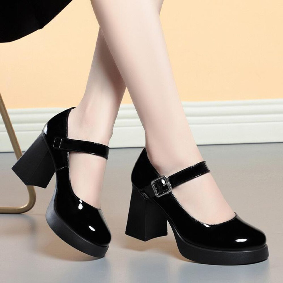 (black, 38) 2024 Spring/summer Waterproof Platform High Heels: Single Buckle Leather Mary Jane With Thick Heel.