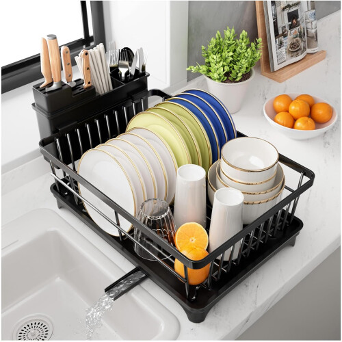 Dish Drainer Rack Space-Saving Dish Rack with Utensil Holder-Black