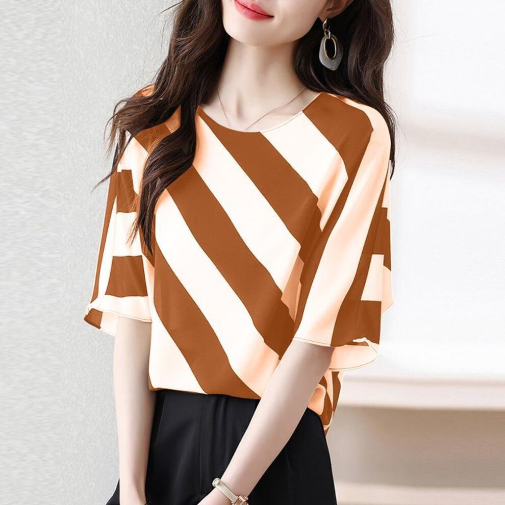 (4XL, yellow) Zanzea Women Casual O-neck Stripe Short Sleeve Blouse