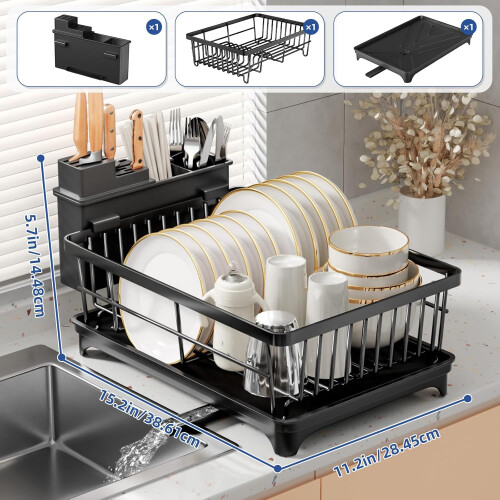 Dish Drainer Rack Space-Saving Dish Rack with Utensil Holder-Black 1