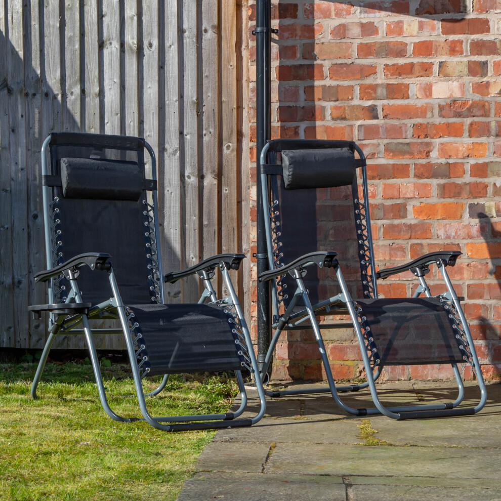 Set of 2 Multi Position Zero Gravity Relaxer Chair Sun Lounger in Black & Silver