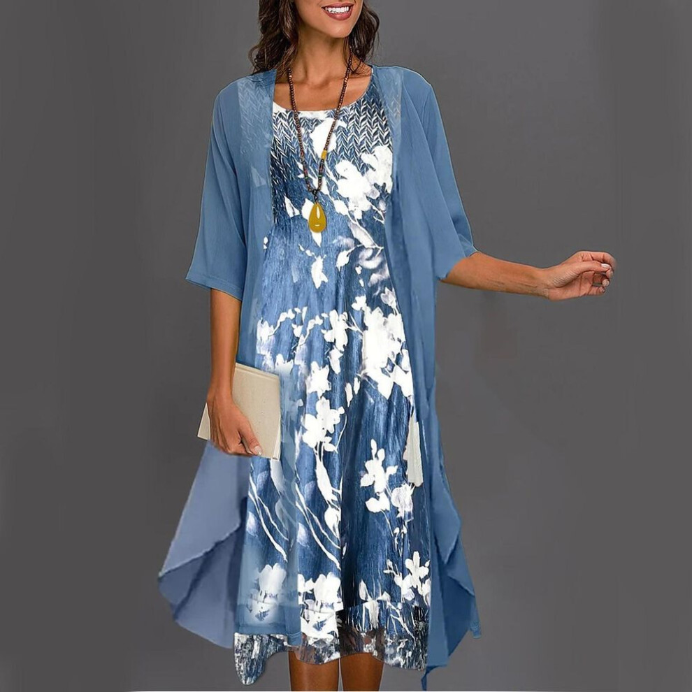 (blue, L) Ladies Tank Top Sleeveless Printed Dress Chiffon Cardigan Set Holiday Dress For Women