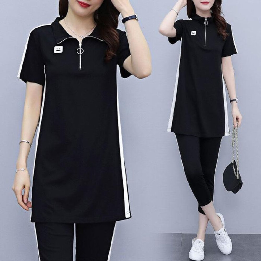 (black, 3XL) Women's Summer 2024 Casual Cotton Fitness Suit - 9-point Pants Two-piece Set, Plus Size
