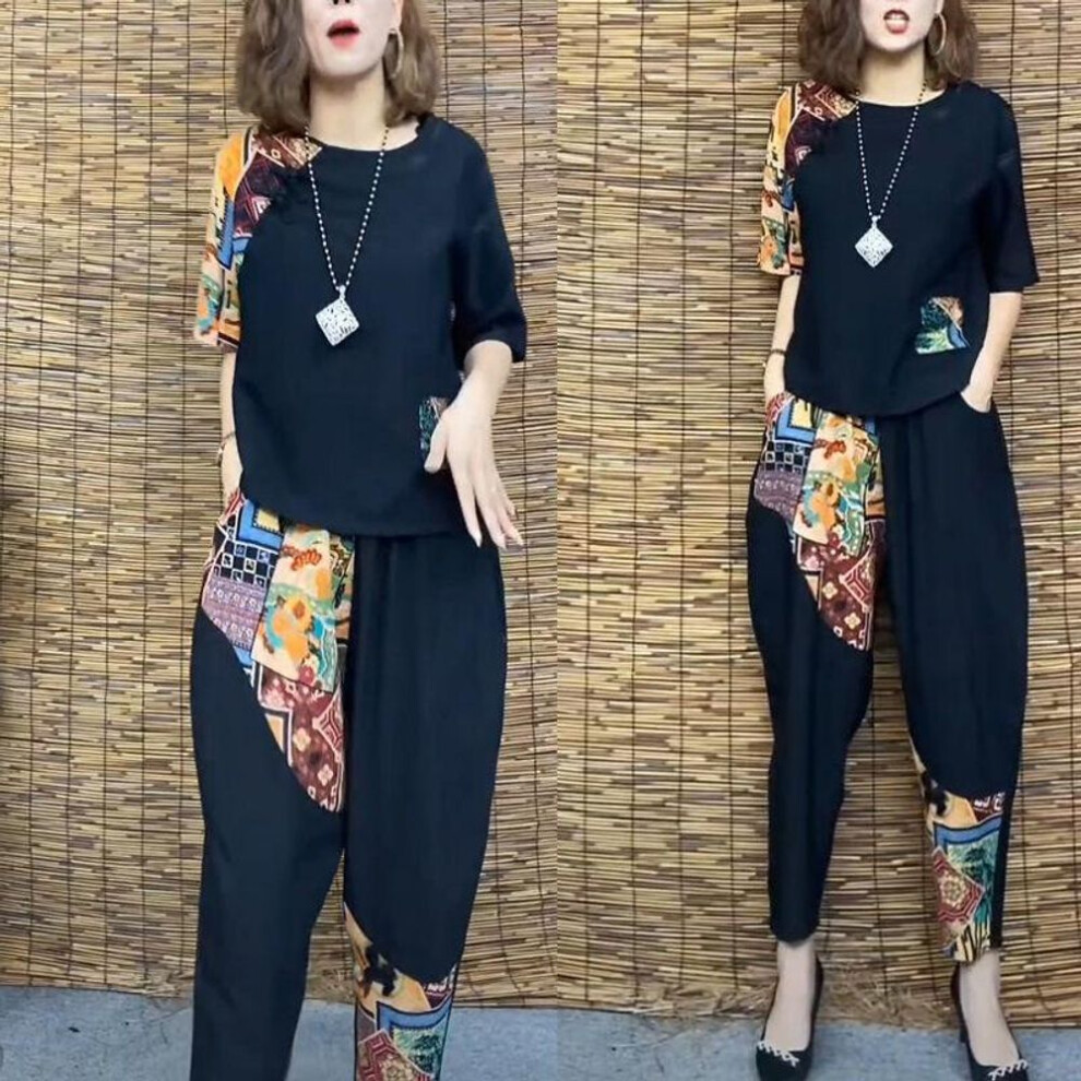 (black, XXXXXL) Women's Casual Suit Summer Slim Short Sleeve T-Shirt Top Harlan Cropped Pants Plus Fashion Cotton Linen 2 Two Piece Set
