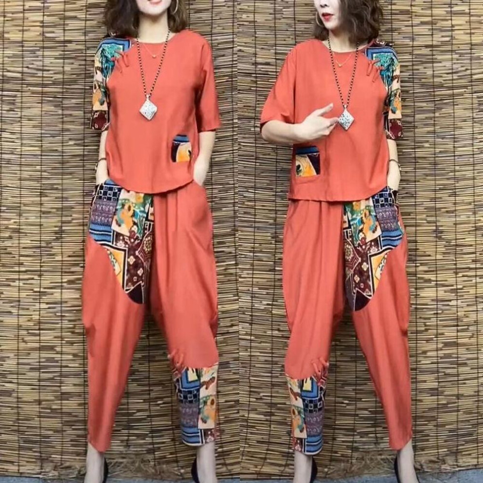 (red, XXXXL) Women's Casual Suit Summer Slim Short Sleeve T-Shirt Top Harlan Cropped Pants Plus Fashion Cotton Linen 2 Two Piece Set