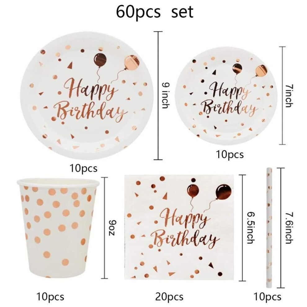 (white) 60pcs Birthday Plates And Napkins Party Supplies Rose Gold Serve 10 Guests, Pink/white Birthday Supplies For Rose Gold Birthday Party Decorations