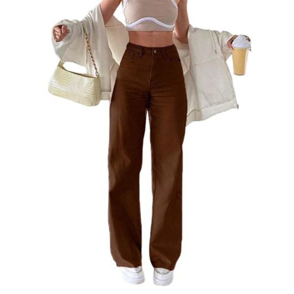 (coffee, XXXL) Women Jeans with Pockets High Waist Button Zipper Closure Straight Pants Solid Color