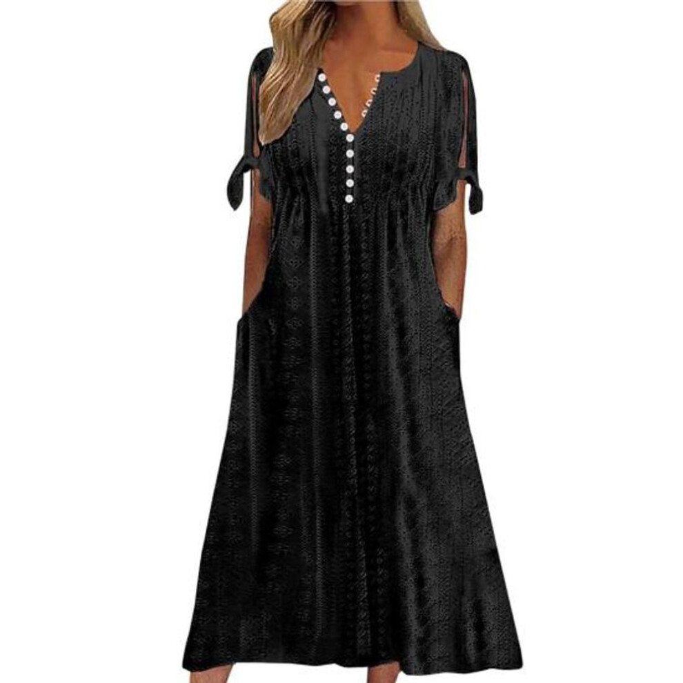 (black, XXL) Women's Summer Maxi Dress Boho Eyelet Button V Neck Tie Knot