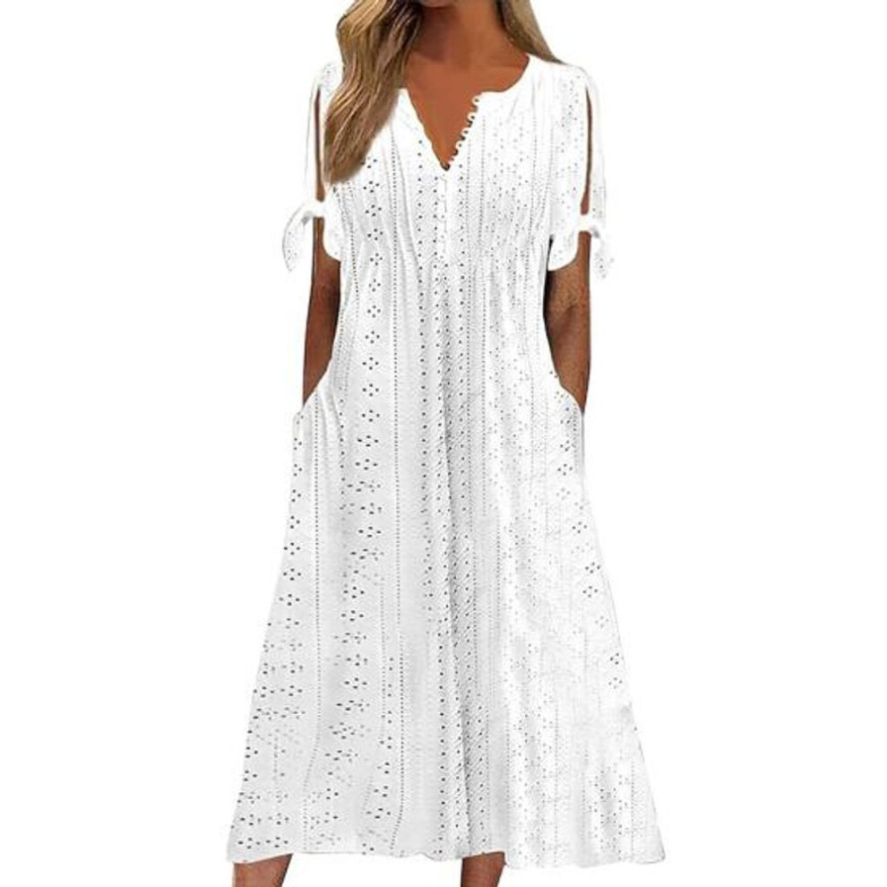 (white, M) Women's Summer Maxi Dress Boho Eyelet Button V Neck Tie Knot