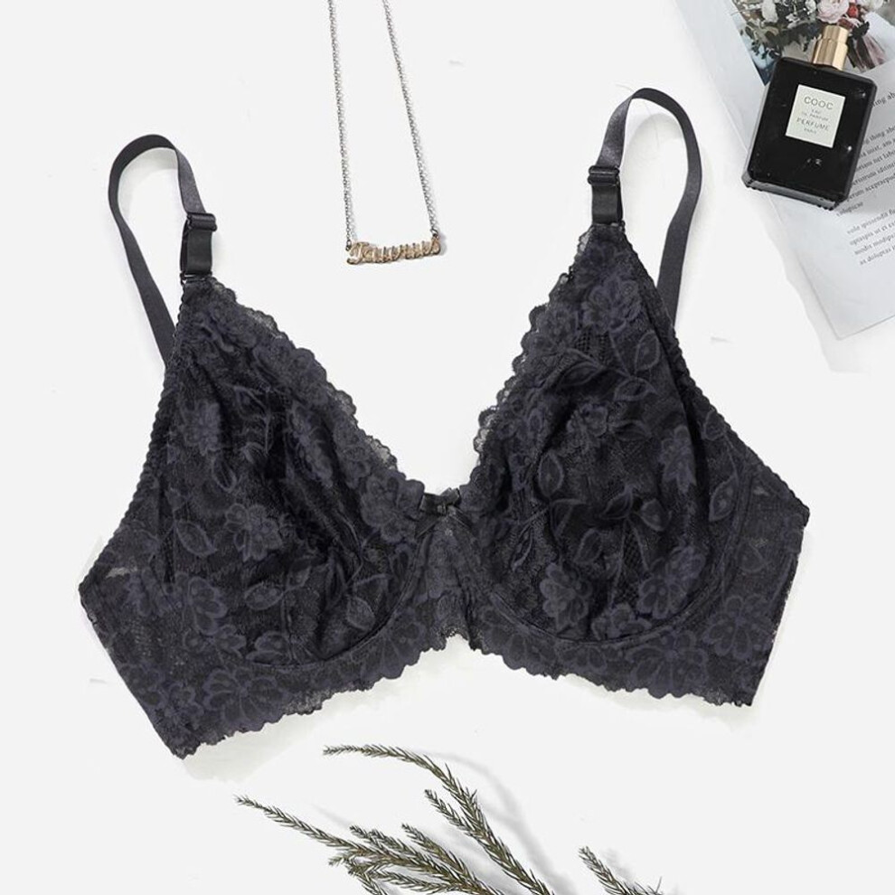 (black, 95D) Women Plus Size Bra Sexy Lace Underwear Ultra-Thin Translucent Breathable Lingerie with Wired C D Full Coverage Unlined Bralette