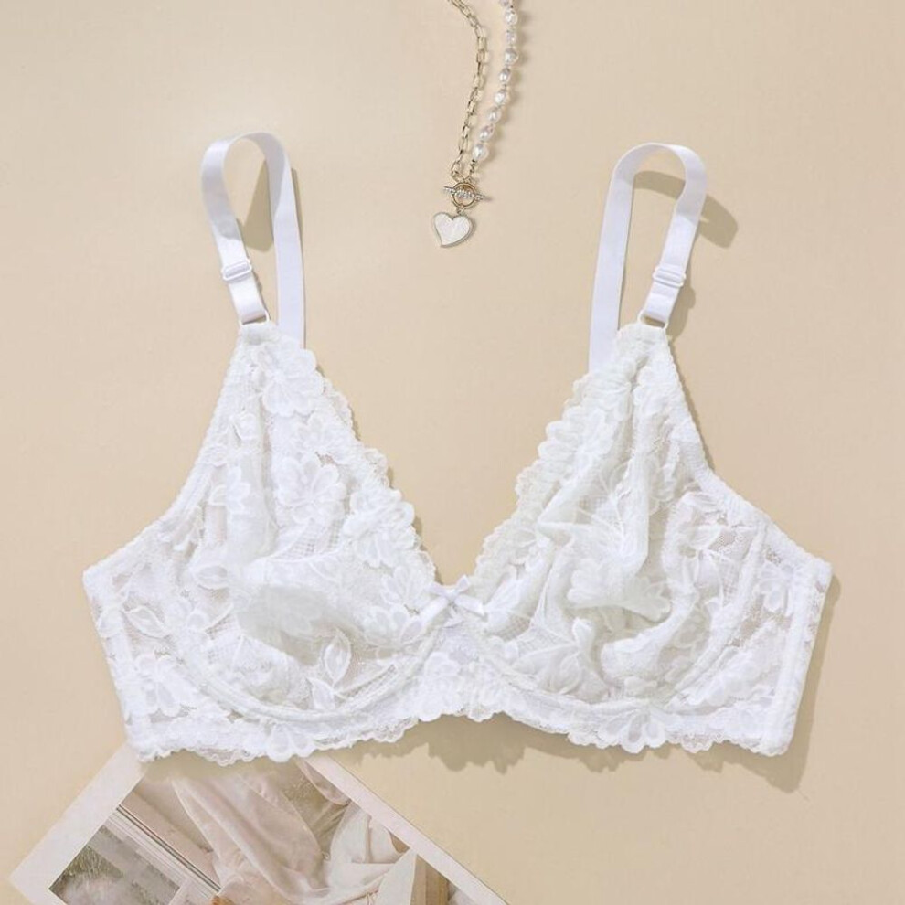 (white, 85D) Women Plus Size Bra Sexy Lace Underwear Ultra-Thin Translucent Breathable Lingerie with Wired C D Full Coverage Unlined Bralette