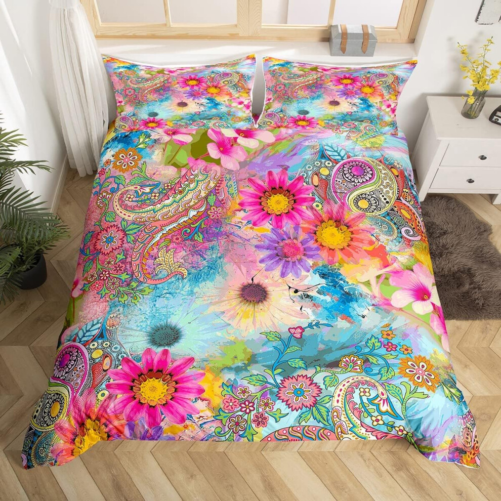 (Multi11, Queen 90"x90") Flowers Tie Dye Duvet Cover Set King Size,Colorful Paisley Print Comforter Cover with 2 Pillowcases Bedspread,Romantic Boho Floral Microf...