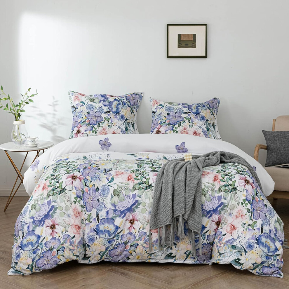 (Black Stripe, Queen) Travan Duvet Cover Set Floral Printed Ultra Soft Duvet Cover Microfiber Comforter Protector Bedding Set, Purple Floral Pattern, King Size