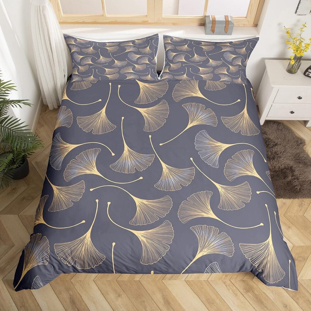 Ginkgo Leaf Duvet Cover Set King Size,Rustic Leaves Autumn Plant Comforter Cover with 2 Pillowcases Bedspread,Nature Botanical Grey Golde...
