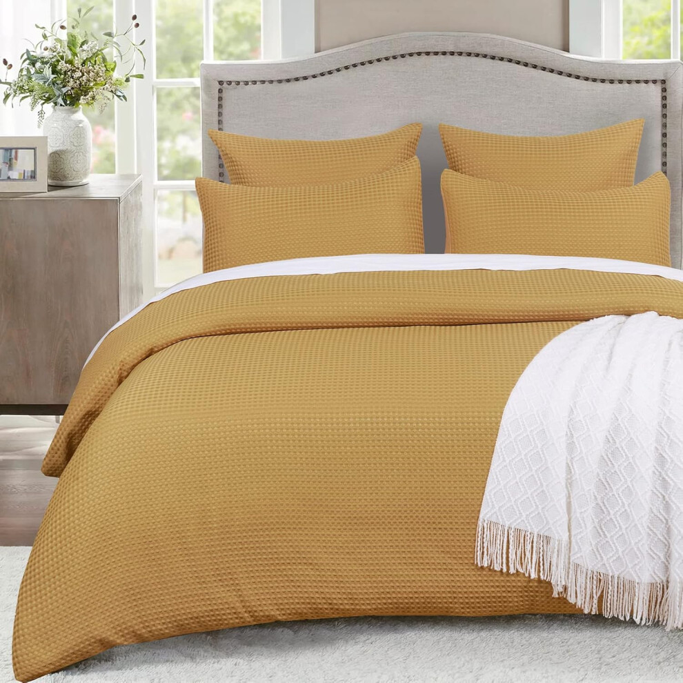 (Khaki, Queen) PHF Waffle Weave Duvet Cover Set King Size, 3PCS Washed Microfiber Boho Comforter Cover Set, Ultra Soft Comfy Duvet Cover with Pillow Sha...