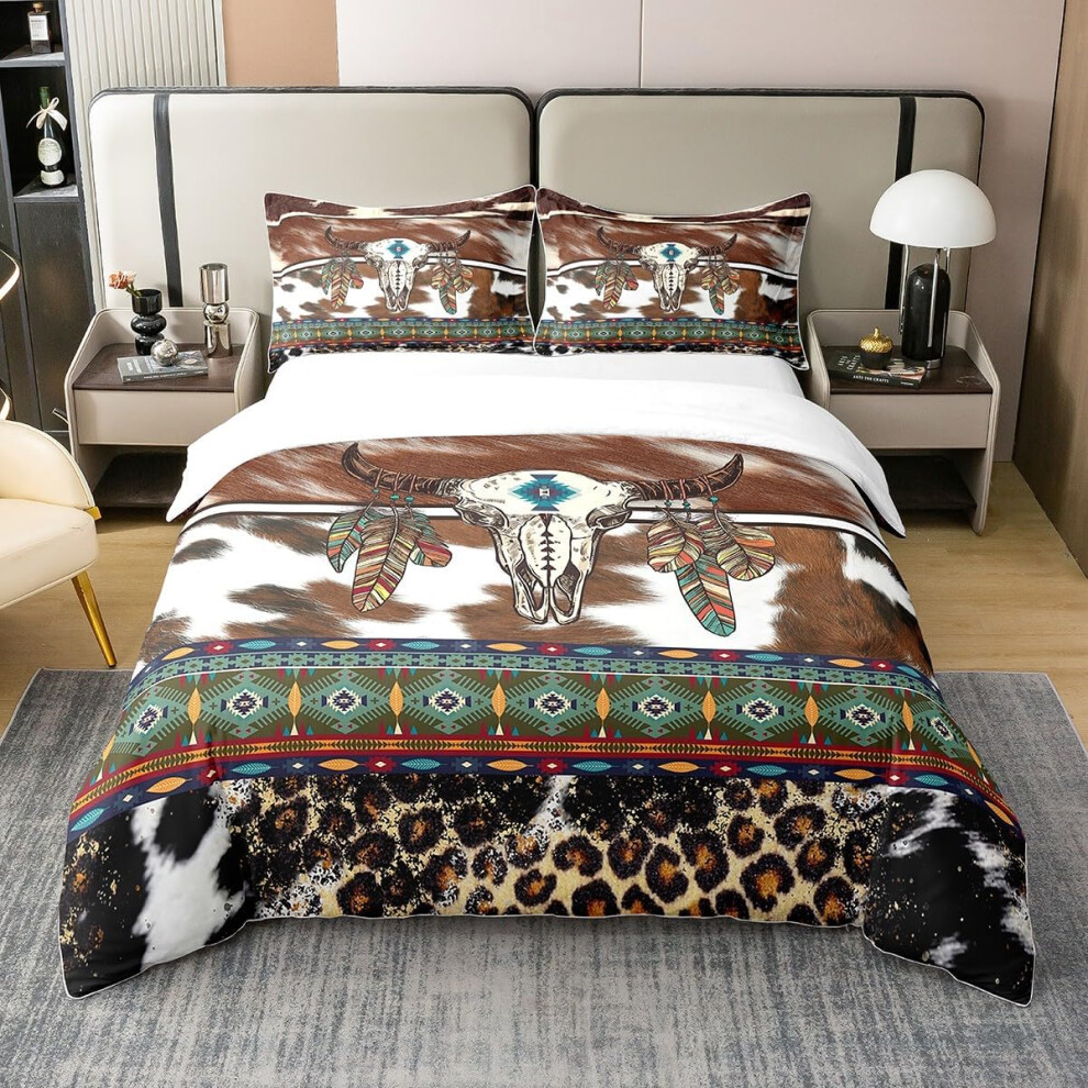 (Multi 19, Single) 100% Cotton Highland Cow Skull Western Duvet Cover Double,Cheetah Print Comforter Cover,Boho Feather Tribal Geometry Aztec Bedding Set,Ex...