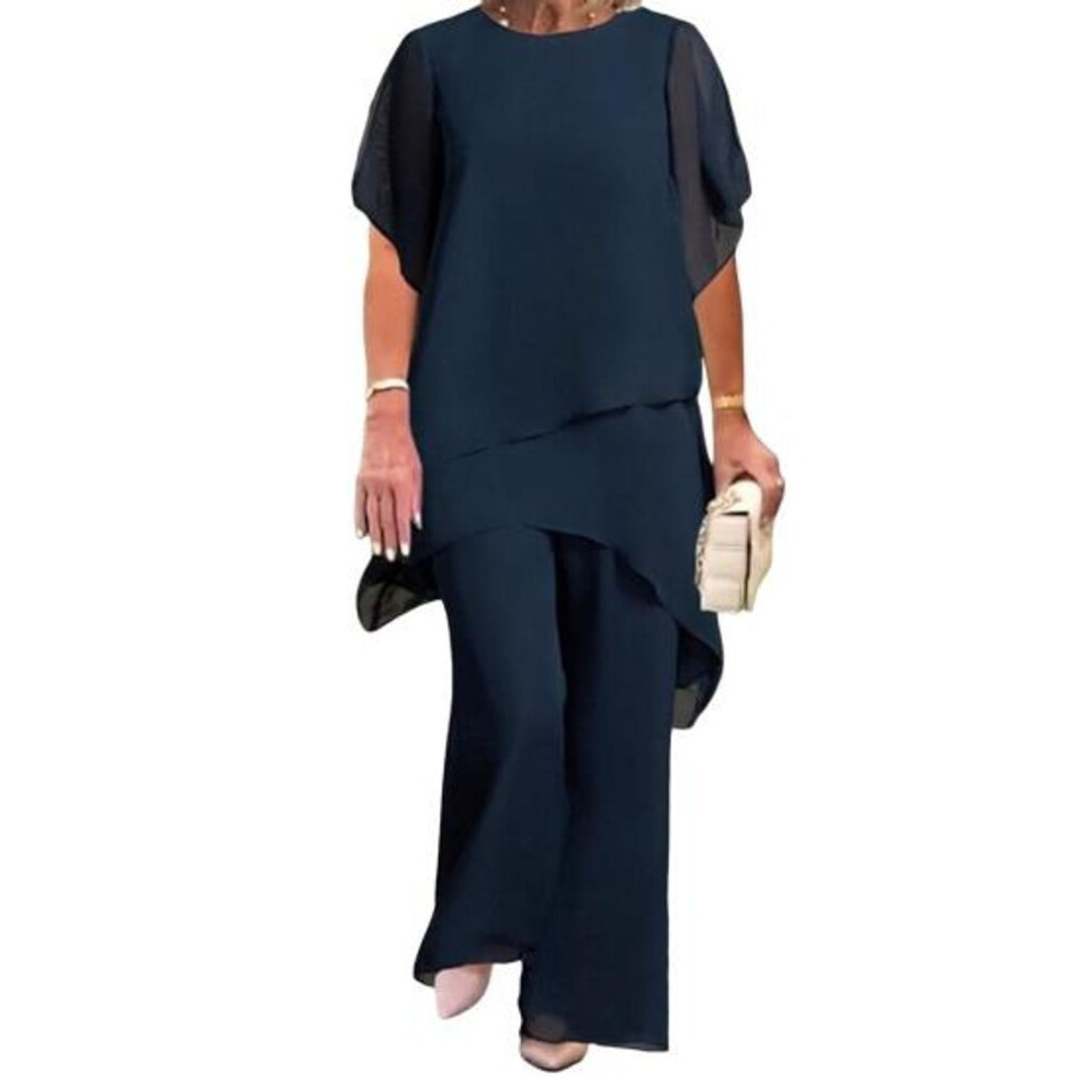 (navy blue, S) Women's 2-piece Chiffon Set Casual Plus Size Wide Pant Suit Ruffle Asymmetric Layers Wedding Guest Outfit For Spring Summer