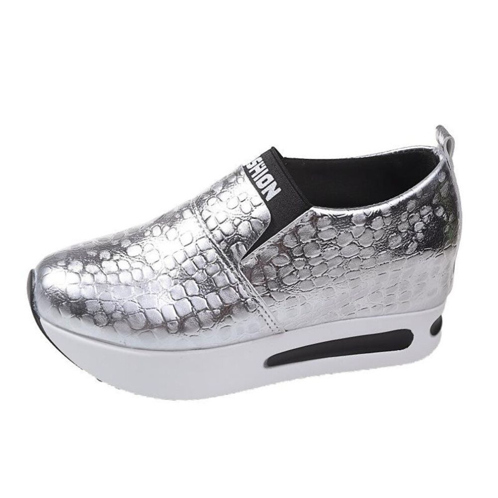 (silver, 36) Silver Pu Leather Platform Sneakers Women's Casual Non Slip Sports Shoes Women Slip On Loafers