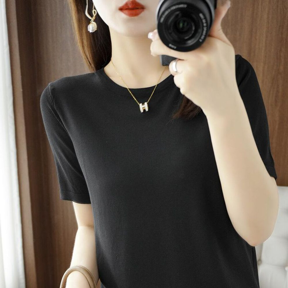 (2XL, black) Women Knit T-shirt Summer Knitted Shirt Short Sleeve Tees O-neck Pullover Knit Tops