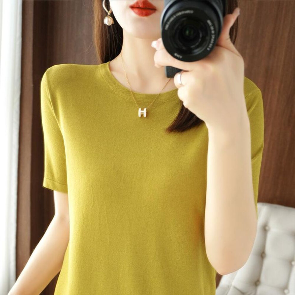 (XL, yellow) Women Knit T-shirt Summer Knitted Shirt Short Sleeve Tees O-neck Pullover Knit Tops