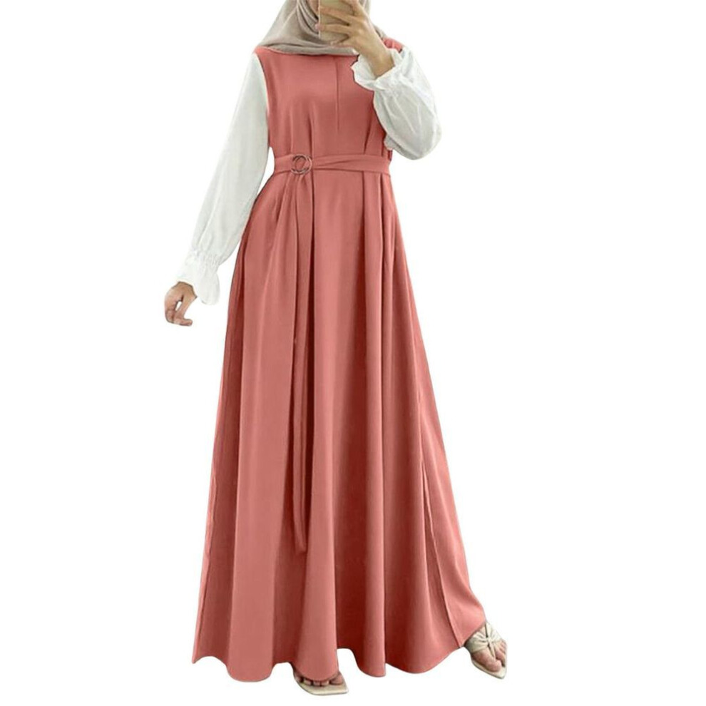 (L, watermelon red) Muslim Women's Dresses Casual Patchwork Long Sleeve Tie Vest Clothing Muslim Robe Dresses