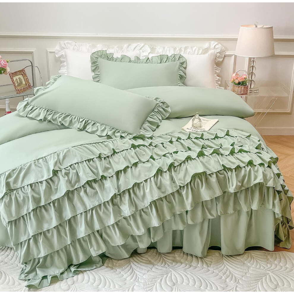 (White, Queen) MOOWOO Girls Bedding, Queen 3 Piece Shabby Chic Duvet Cover Set - Green, Solid Color, Breathable, Zipper Closure, Corner Ties, Aesthetic ...
