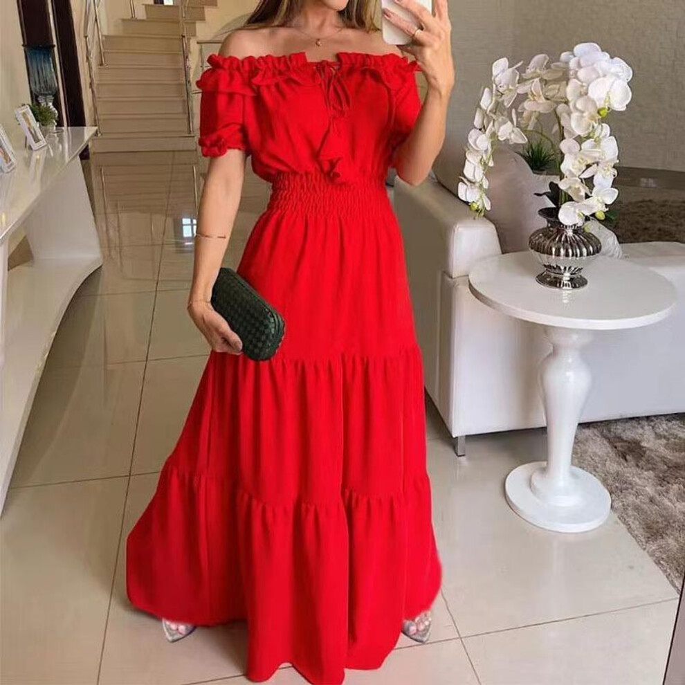 (red, M) Women's New Fashion Solid-colour Ruffled Belt Leaf Edge Bust Bubble Sleeve Big Swing Dresses
