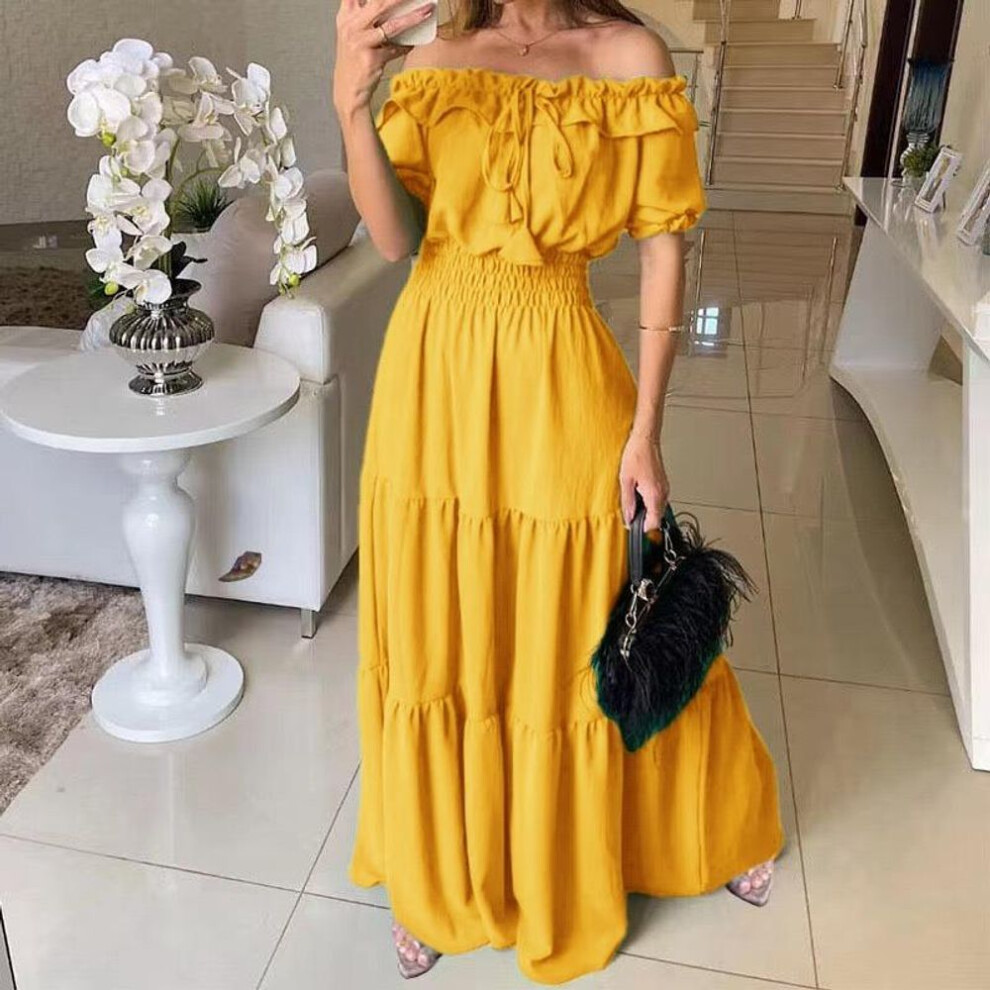 (yellow, L) Women's New Fashion Solid-colour Ruffled Belt Leaf Edge Bust Bubble Sleeve Big Swing Dresses