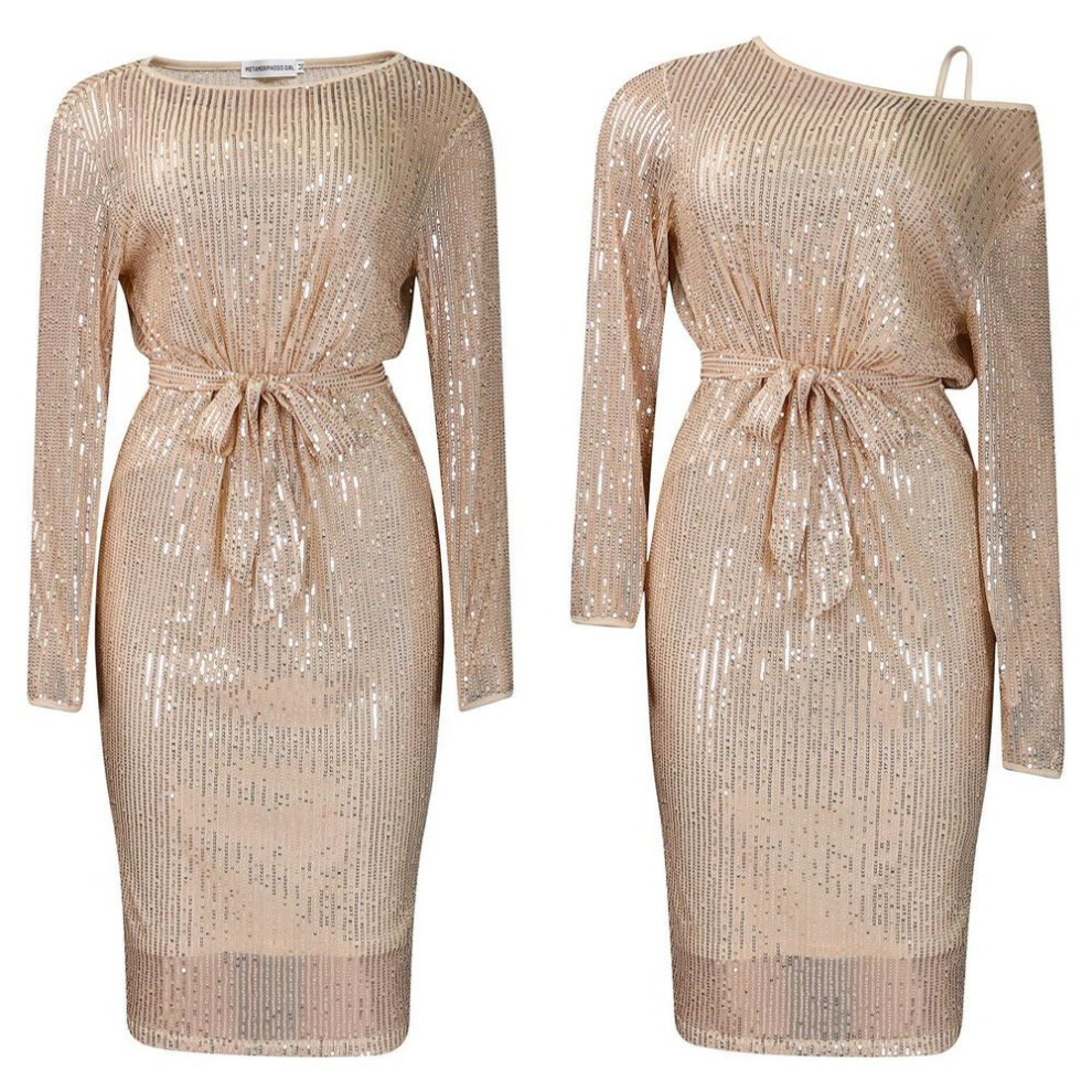 (champagne, XXL) Women's Spring New Skew Collar Sequin A Line Collar Sexy Banquet Slip Dress Two Piece Set