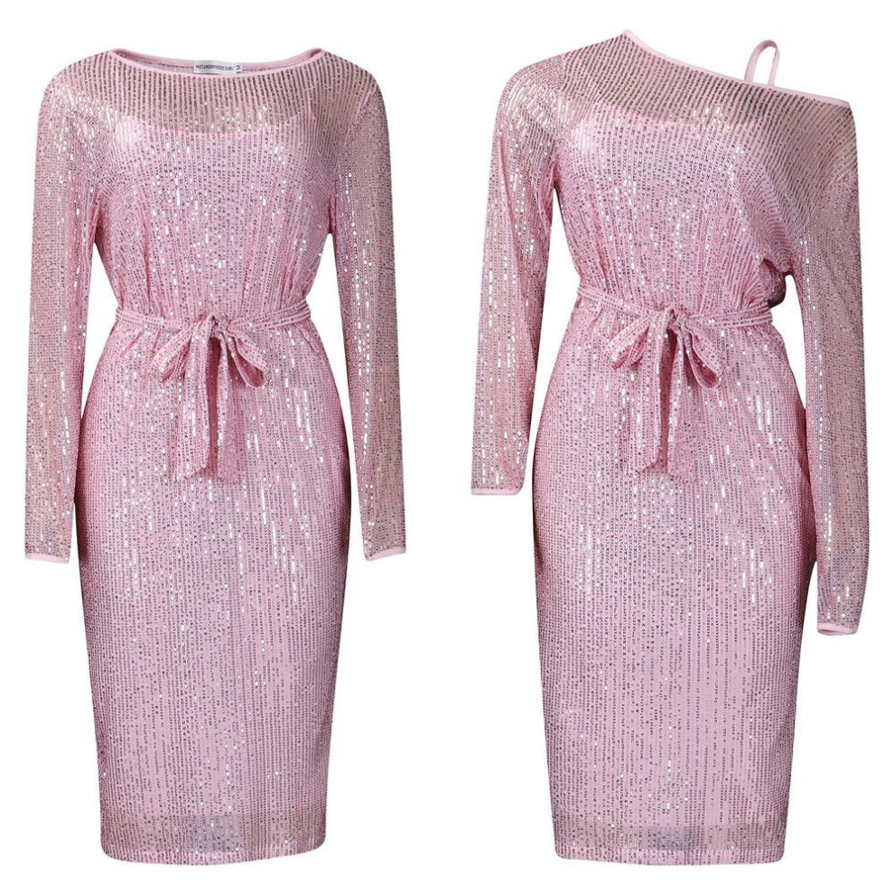 (pink, XXXL) Women's Spring New Skew Collar Sequin A Line Collar Sexy Banquet Slip Dress Two Piece Set