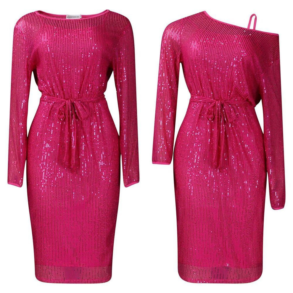 (rose red, XL) Women's Spring New Skew Collar Sequin A Line Collar Sexy Banquet Slip Dress Two Piece Set