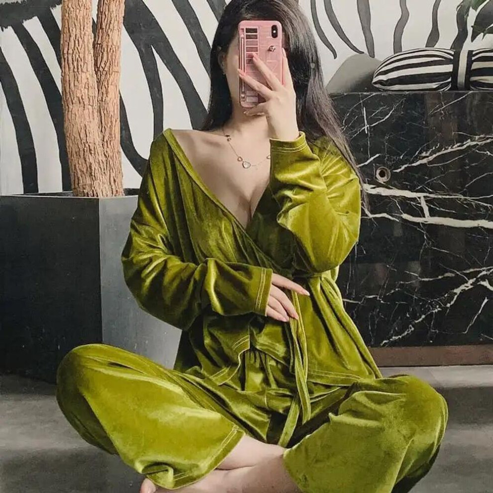 (L, green) Women's Sexy Gold Velvet Pajamas Set V-neck Japanese Kimono Homewear Spring Long-sleeved Solid Color Pyjamas Two-piece Set Sleeping Suit