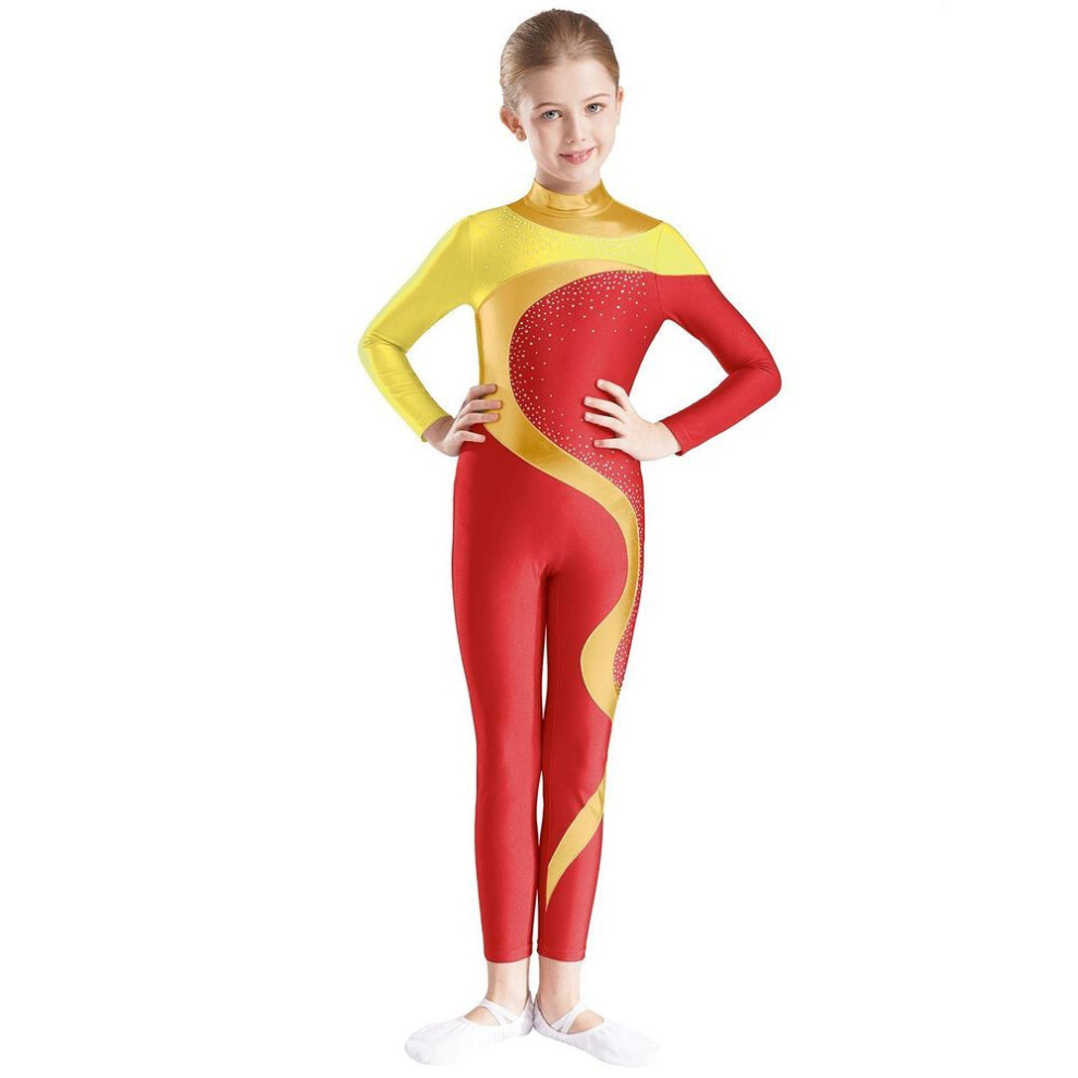 (yellow,red, 7-8 Years) Girls Figure Skating Dance Artistic Gymnastics Stage Suit Kids Full Body Unitard Ballet Bodysuit Jumpsuits Rhinestone Dancewear