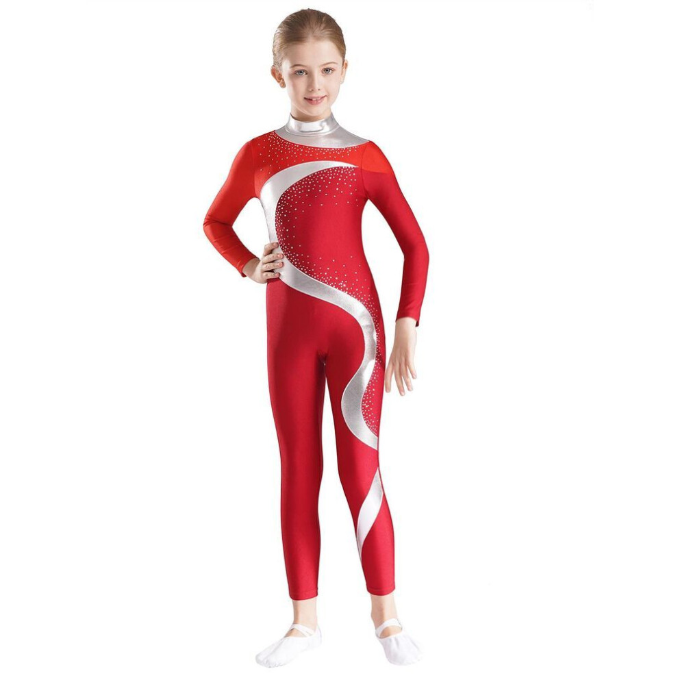 (red,burgundy, 7-8 Years) Girls Figure Skating Dance Artistic Gymnastics Stage Suit Kids Full Body Unitard Ballet Bodysuit Jumpsuits Rhinestone Dancewear