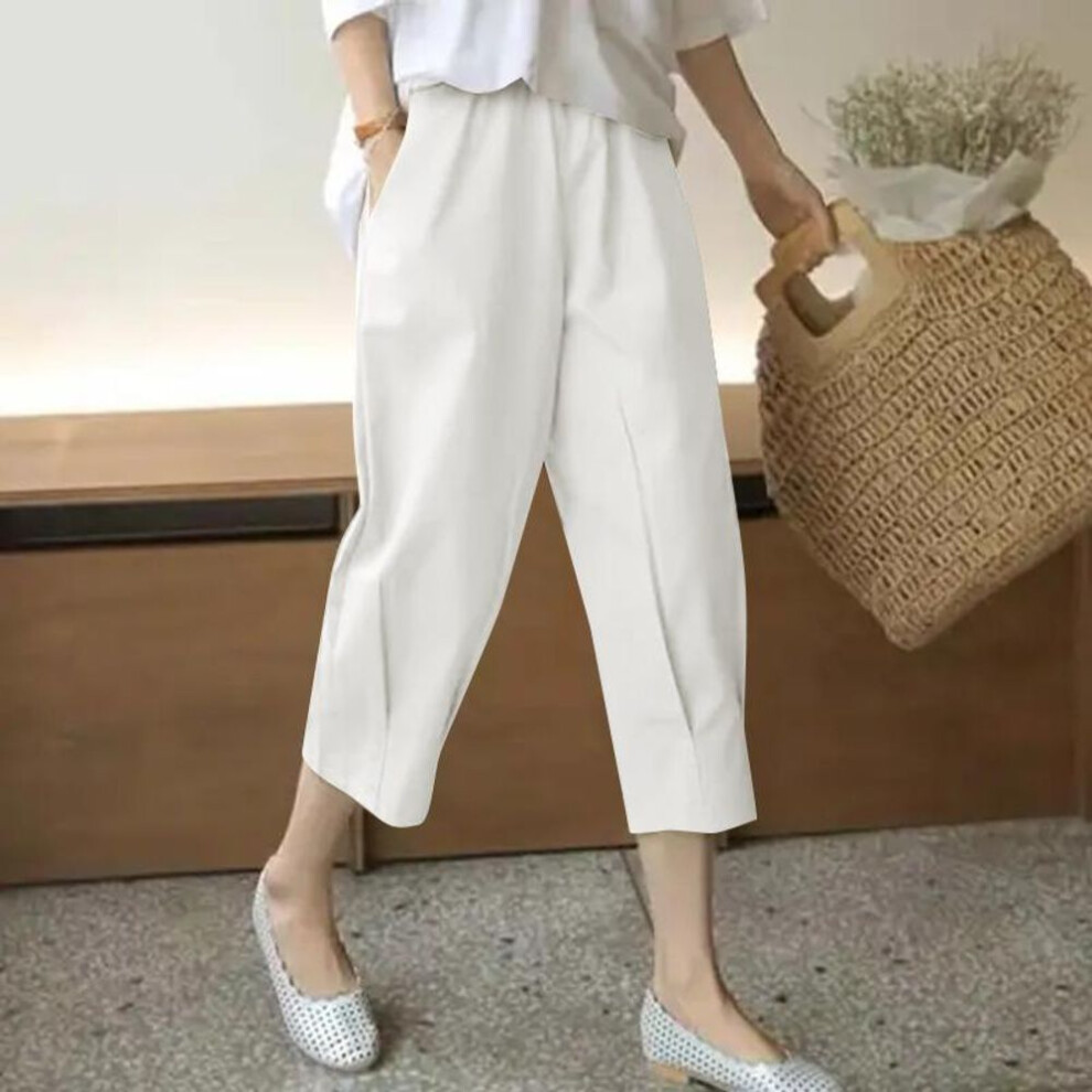 (white, L) Zanzea Women Summer Pleated Mid-waist Cropped Pants