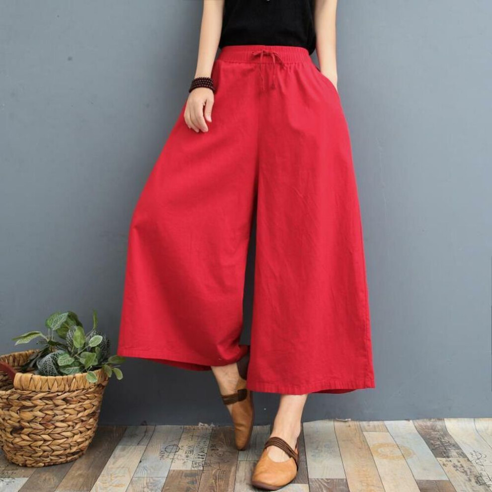 (red, XL) Women's Summer Thin Section Cotton Linen Skirt Pants Pure Colour Loose Draped Casual Eight Points Pants
