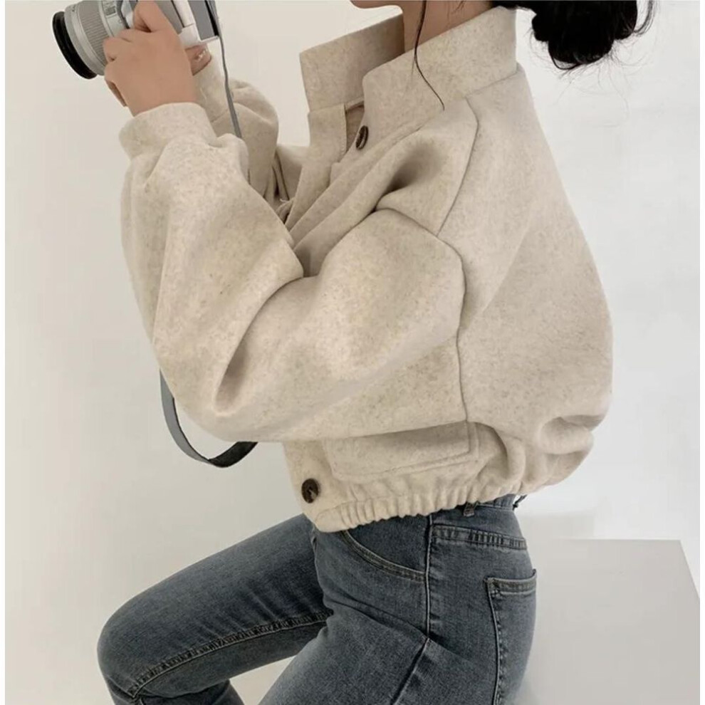 (apricot, Large) Trendy Korean-Style Woolen Coat: Autumn/Winter, Stand-Up Collar, Loose Fit for Women