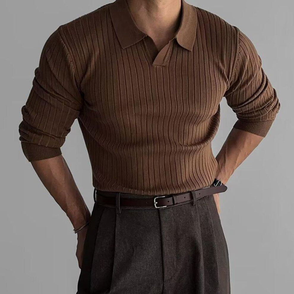 (brown, M) Men's Spring & Autumn Knitwear: Solid Color Striped Elastic Lapel Pullover Polo Shirt, Long-Sleeve T-Shirt