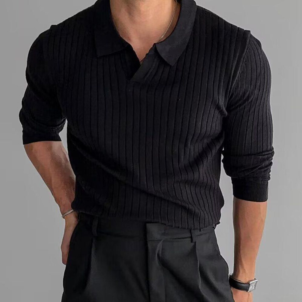 (black, 3XL) Men's Spring & Autumn Knitwear: Solid Color Striped Elastic Lapel Pullover Polo Shirt, Long-Sleeve T-Shirt