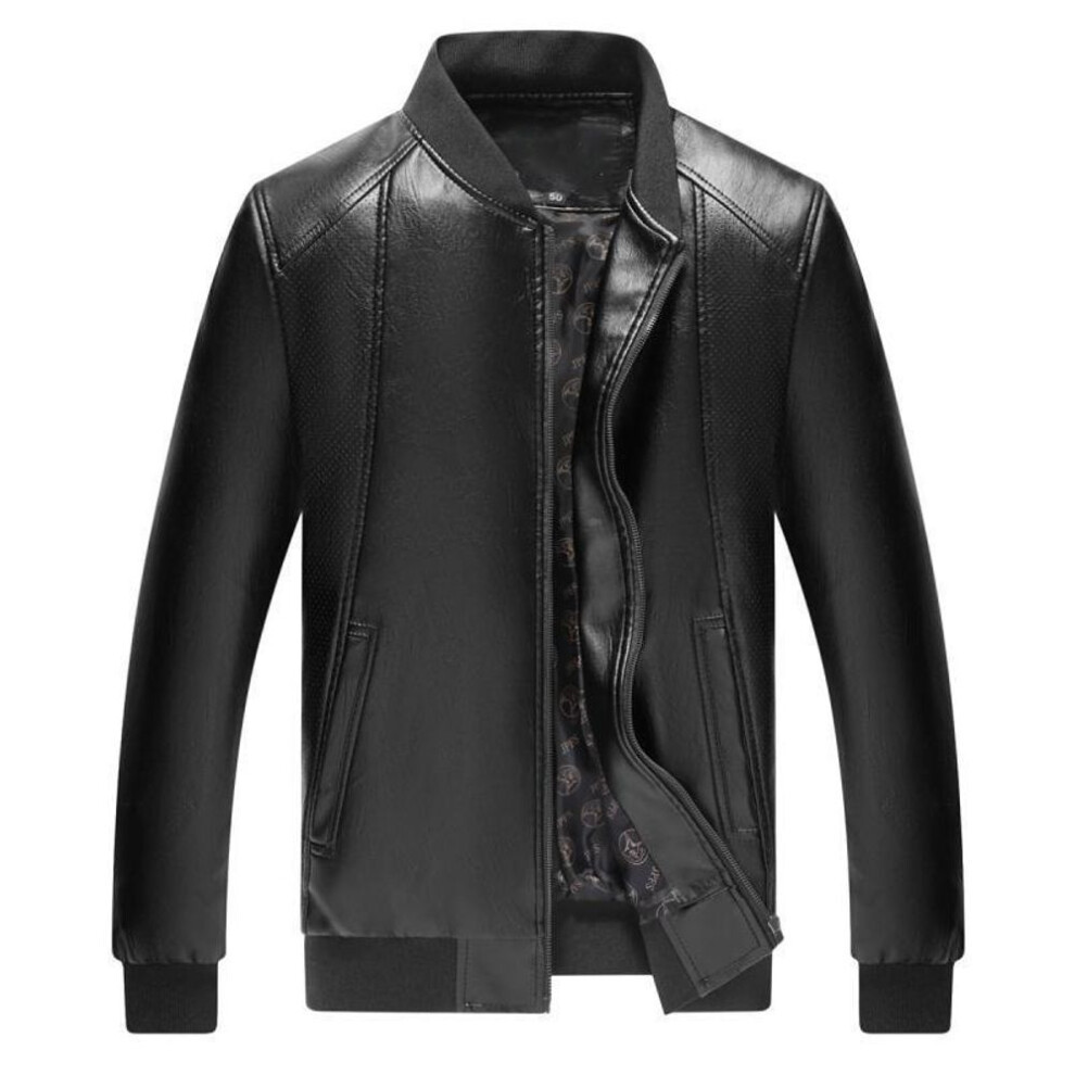 (black, thin, 54 (110-130 catties)) Men's Mid-aged Pu Leather Motorcycle Jacket, Round Collar, Spring/autumn 2024 Edition.