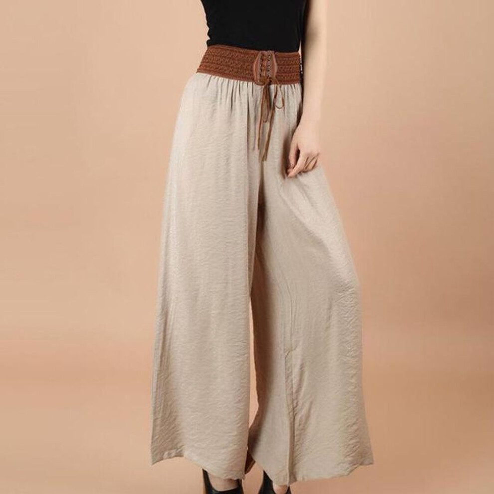 (beige, One Size) Plus Size Wide Leg Trousers Vintage High Waist Belt Causal Bandage Women's Pants Casual Large Size Pantalon Femme