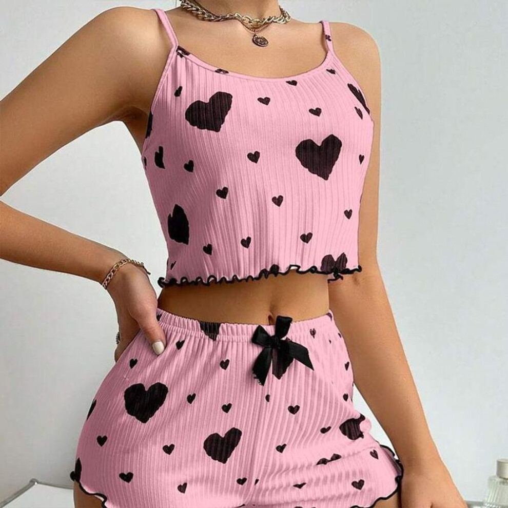 (M, pink) Women's Pajamas Set Sleepwear 2 Pcs Short Tank Tops And Shorts S M L White Ventilate Soft Casual Love Printing