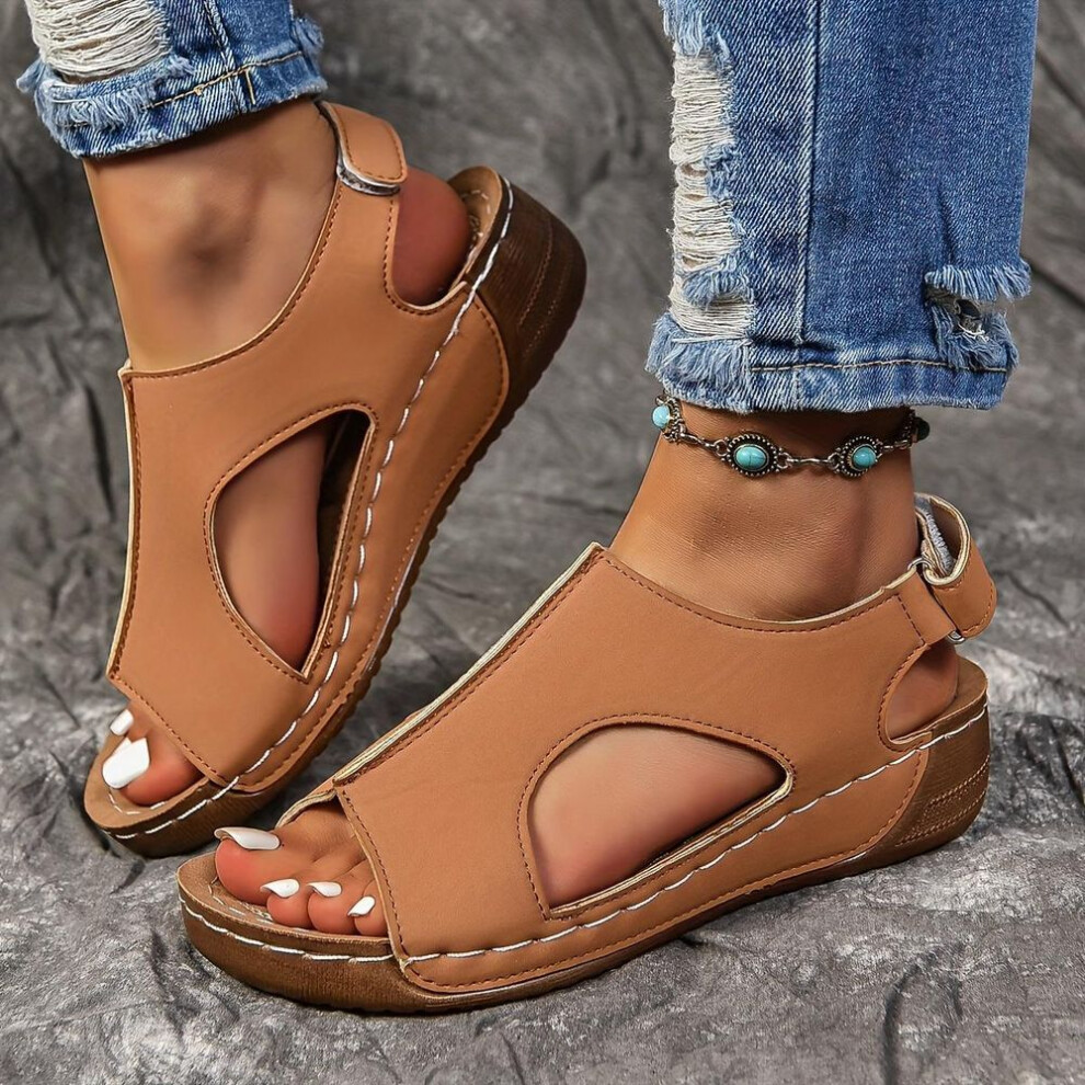 (brown, 38) Women's Solid Color Wedge Heeled Sandals, Casual Open Toe Platform Shoes, Comfortable Ankle Strap Sandals