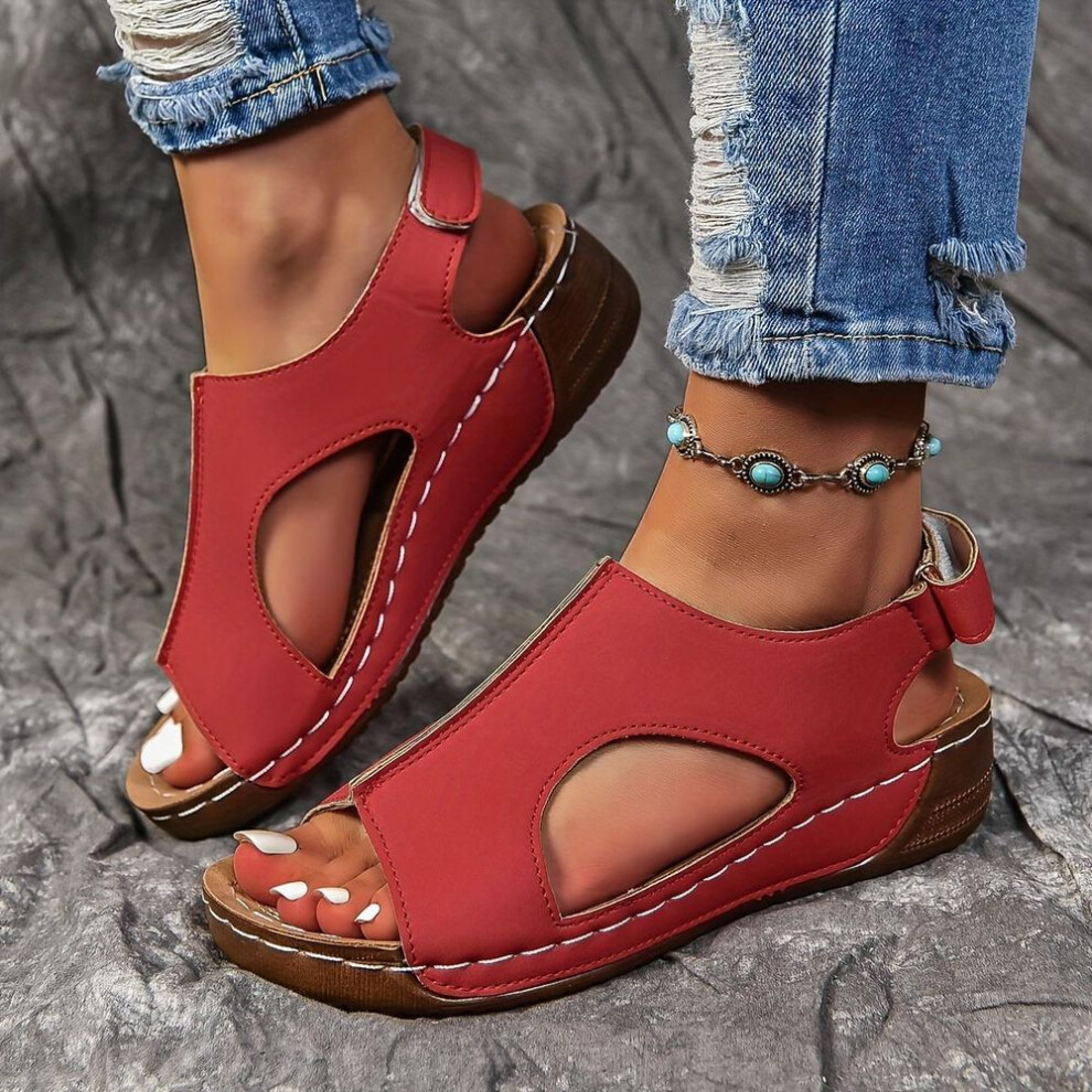 (red, 43) Women's Solid Color Wedge Heeled Sandals, Casual Open Toe Platform Shoes, Comfortable Ankle Strap Sandals