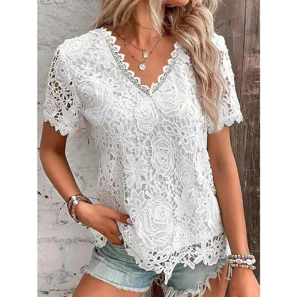 (L, white) Summer Girls Fashion Elegant  Sexy V Neck Lace Short Sleeve Women Outwear Hollow Out Blouses Vacation Streetwear