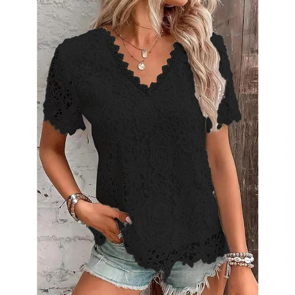 (M, black) Summer Girls Fashion Elegant  Sexy V Neck Lace Short Sleeve Women Outwear Hollow Out Blouses Vacation Streetwear